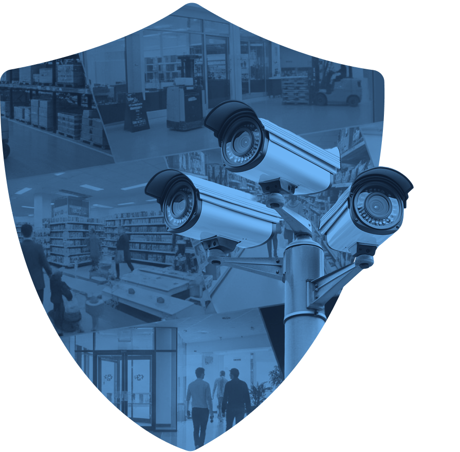 Escudo de proteção com câmeras de segurança, representando monitoramento de comércios e empresas